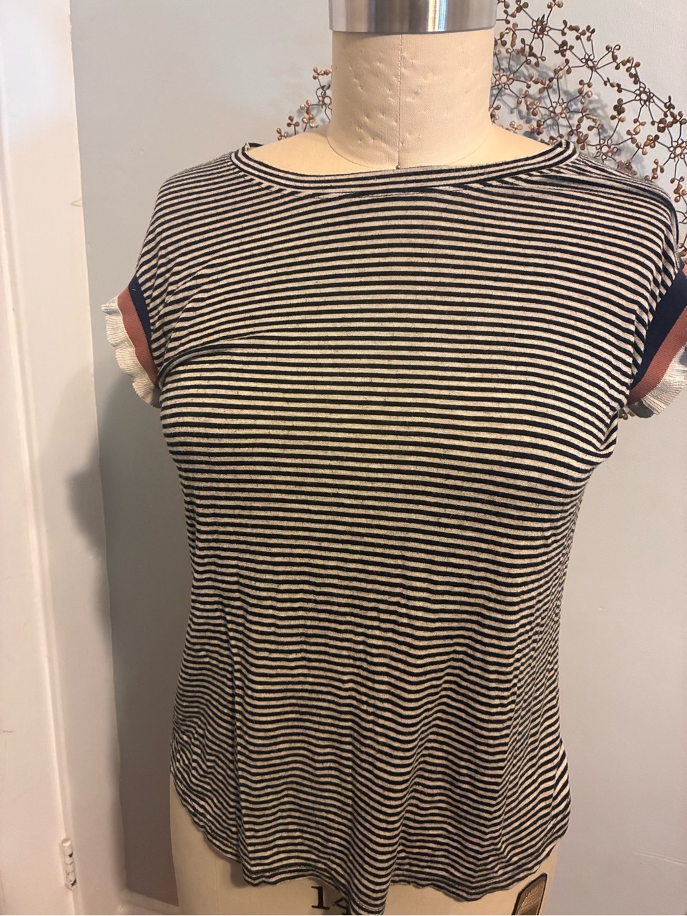 Anthropologie Dolan Striped Crewneck Cap-Sleeve Top - Black & White